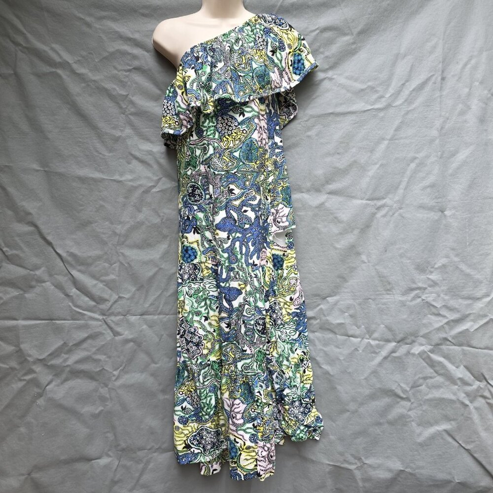 A.L.C. Naomi One Shoulder Blue & Green Print Silk Blend Dress Size Large DAMAGED